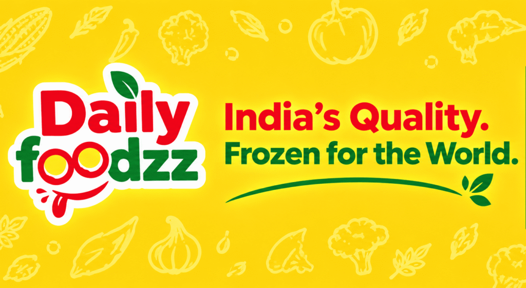 Daily Foodzz stand A5097/17 at WorldFood Moscow 2026 Day 1 showing frozen French fries, sweet corn, baby corn and green peas with a private label section